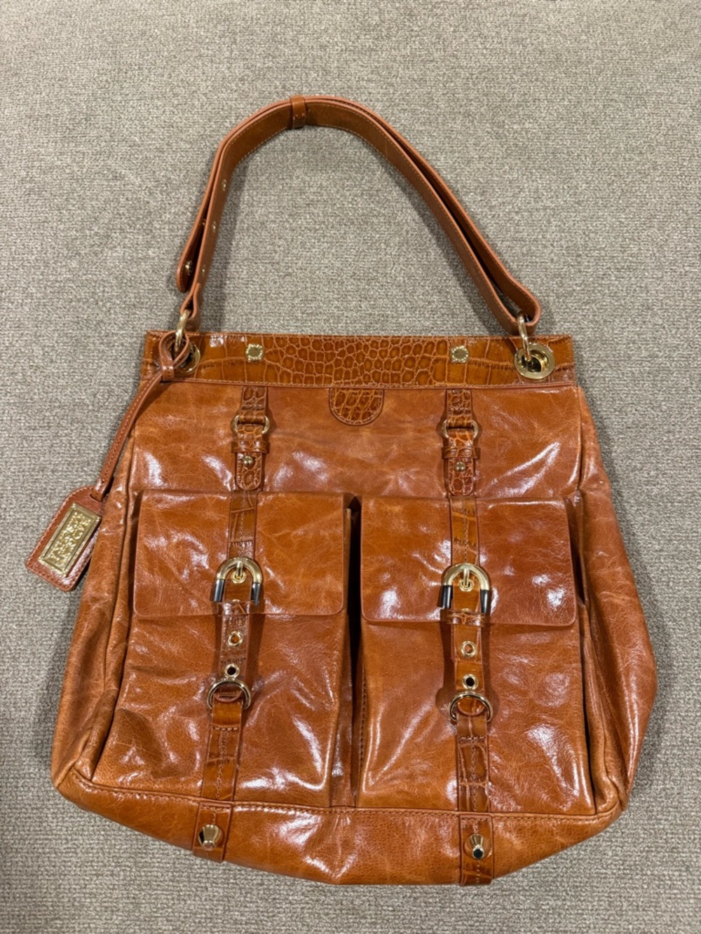 Badgley Mischka Cognac Brown Leather Tote with Front Buckle Pockets NWOT